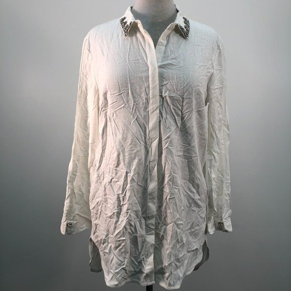 NWT MNG White Button Down Jeweled Collar Blouse - Picture 1 of 10